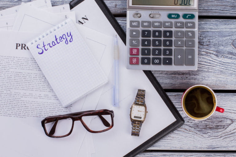 Business strategy concept flat lay.