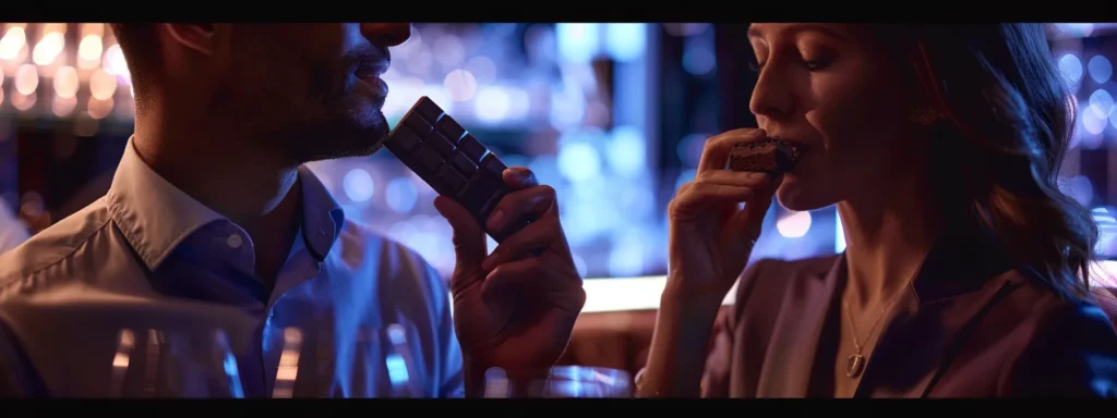 business professionals tasting a luxurious mozart travel chocolate bar, discussing its exquisite flavors and textures.