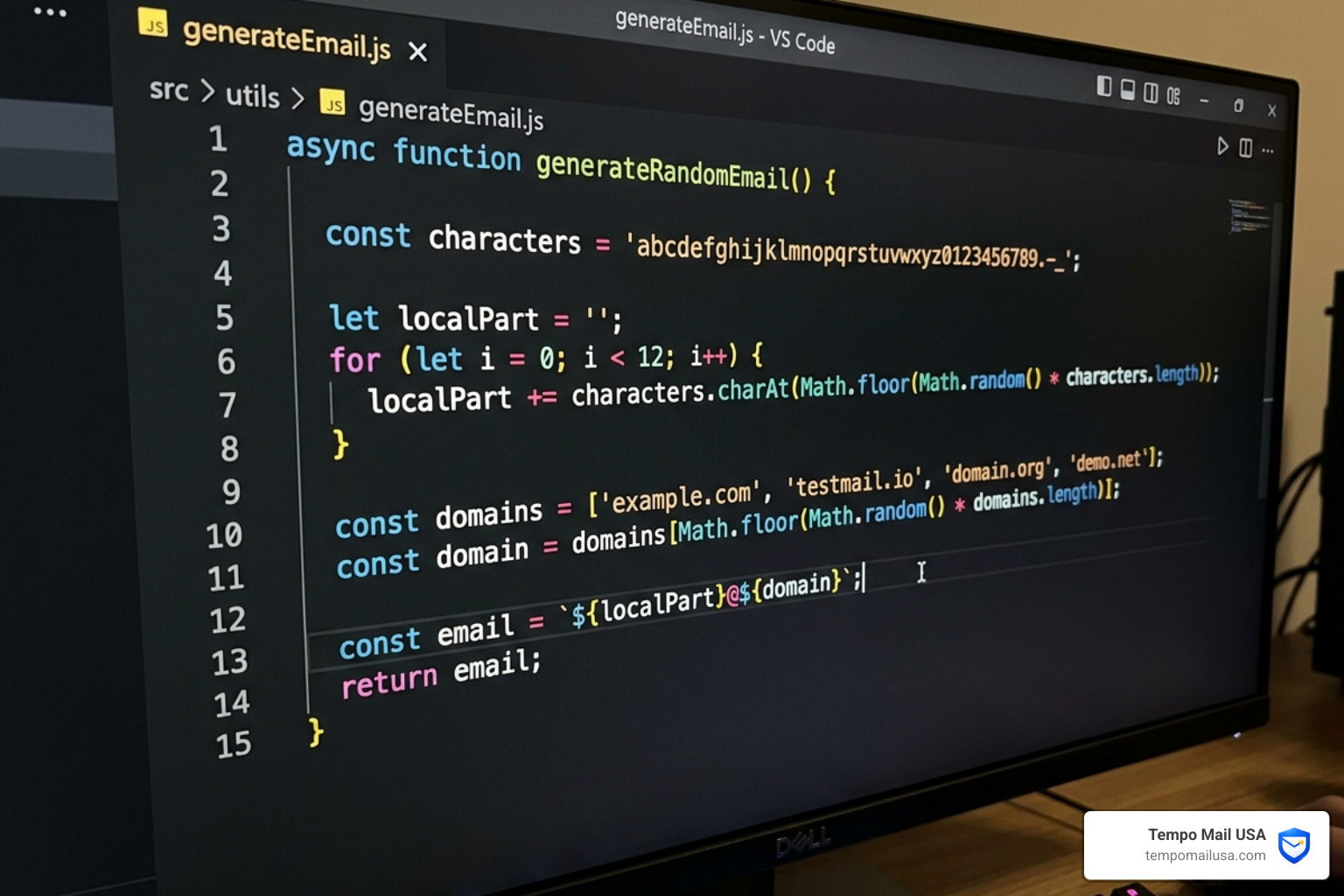 A code snippet showing a random email generation algorithm using RFC 5322 standards - random email generator
