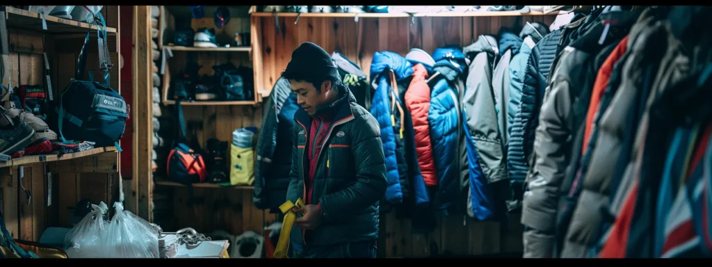 trekker selecting gear at professional agency for annapurna circuit trek.